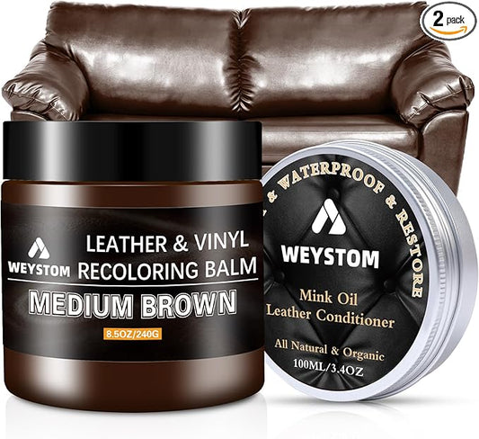 8.5 OZ Leather Recoloring Balm with 100ML Leather Conditioner - Medium Brown Leather Repair Kit for Furniture, Leather Dye, Recolor, Renew, Repair & Restore Aged, Faded, Cracked, Peeling and Scuffed