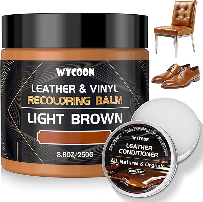WYCOON Leather Recoloring Balm with 100ml Mink Oil Conditioner | Light Brown Repair Kit, Dye & Color Restorer for Furniture, Sofa,Car Seats, Bags | Restore Faded & Scratched Surfaces