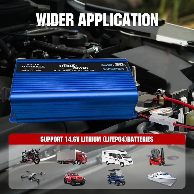 ULTRAPOWER 12V 20A LiFePO4 Battery Charger,14.6V Automatic Lithium Battery Charger,AC/DC Battery Chargers,Anderson Connector for RV,Marine,Solar Systems and Lithium LiFePO4 Deep Cycle Batteries