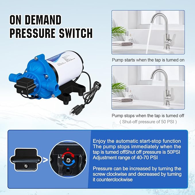 DC HOUSE 110V RV Camper Water Pressure Diaphragm Pump, 4GPM 50PSI 33-Series, On Demand Fresh Water Pump with Pressure Switch for Bathroom Shower Kitchen Sink, Food Truck & Marine Use