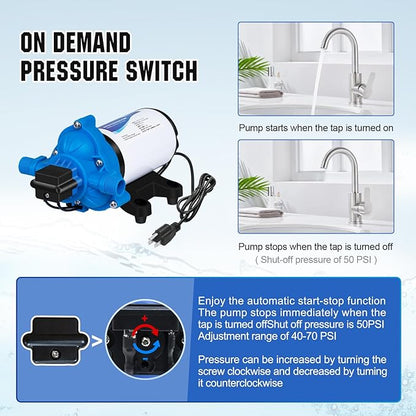 DC HOUSE 110V RV Camper Water Pressure Diaphragm Pump, 4GPM 50PSI 33-Series, On Demand Fresh Water Pump with Pressure Switch for Bathroom Shower Kitchen Sink, Food Truck & Marine Use