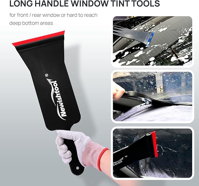 NEWISHTOOL Bulldozer Squeegee Kit Tint Tools, Long Handle Rubber Squeegee for Front/Back Rear Window Film Application, Pack of 3 Different Durometer Blade Replaceable Auto Flat Glass Tint Squeegee