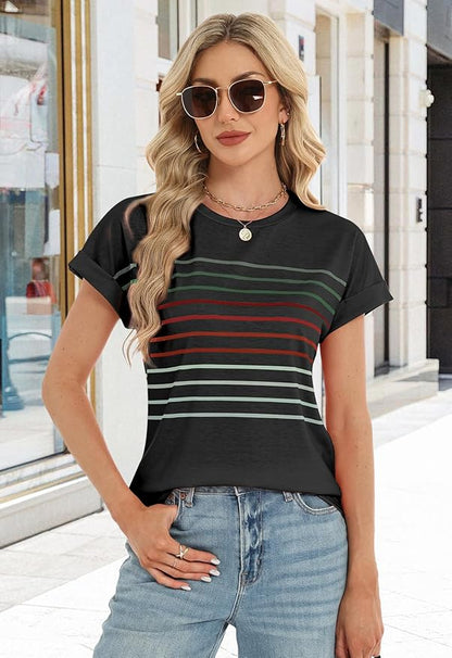 Womens Summer Tops Short Dolman Sleeve Crew Neck Striped Shirts Spring 2026 Fashion Beach Vacation Clothing