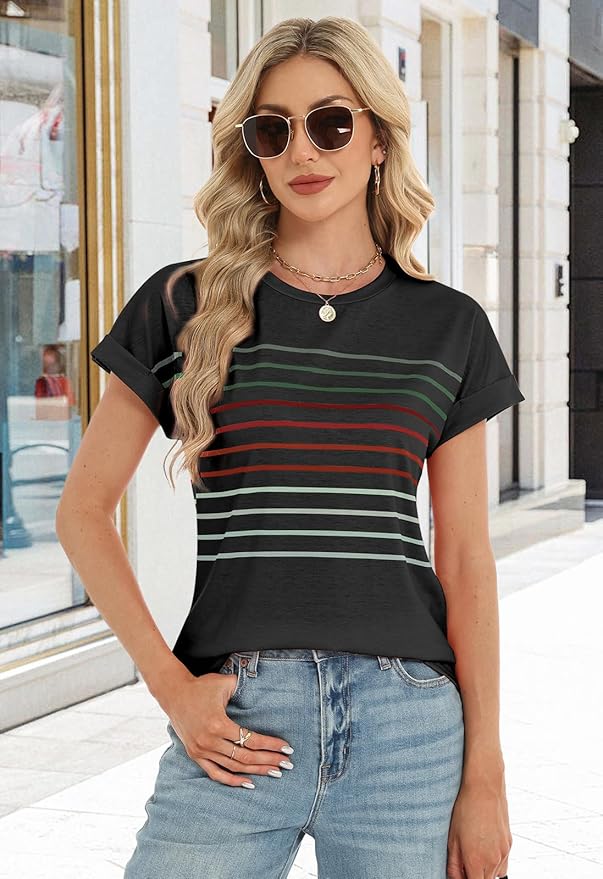 Womens Summer Tops Short Dolman Sleeve Crew Neck Striped Shirts Spring 2026 Fashion Beach Vacation Clothing