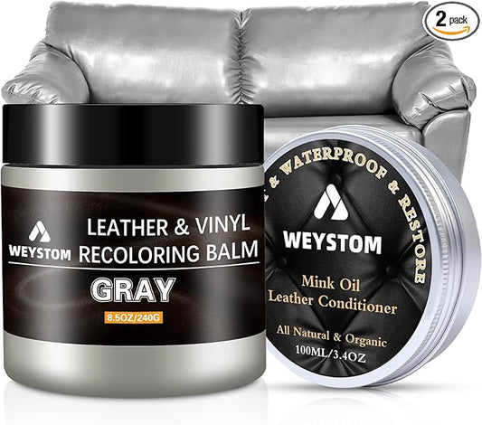 8.5 OZ Leather Recoloring Balm with 100ML Leather Conditioner - Gray Leather Repair Kit for Furniture, Leather Dye, Recolor, Renew, Repair & Restore Aged, Faded, Cracked, Peeling and Scuffed Leather