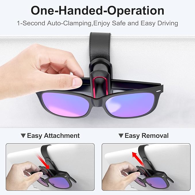 Veharvim Sunglass Holder for Car (One-Handed-Operation, Gentle & Secure Hold, Silicone Padded, Universal Fit, Metal Clip) Visor Sunglass Holder Clip,Visor Sunglass Holder Car (Black & Red, 2 Pack)