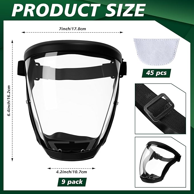 Relaxweex 9 Pack Super Protective Face Shields with Filter Pad for Grinding and Cutting Plastic Full Face Masks Bulk for Woodworking (Black)