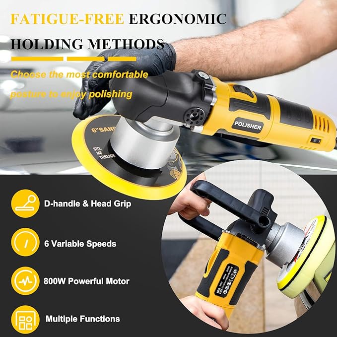 6-Inch 800W Car Polisher, 6 Variable Speed 8mm Dual Action(DA) Random Orbit Car Buffer Polisher Sander with Handle, Car Detailing Waxer Kit, 4600RPM, for Car Polishing&Waxing