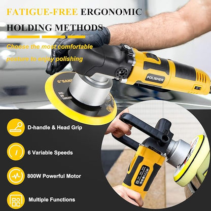 6-Inch 800W Car Polisher, 6 Variable Speed 8mm Dual Action(DA) Random Orbit Car Buffer Polisher Sander with Handle, Car Detailing Waxer Kit, 4600RPM, for Car Polishing&Waxing