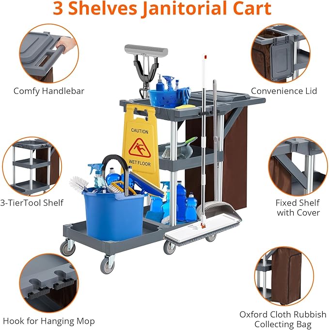 Commercial Janitorial Cart with Wheels, 3-Shelf Cleaning Trolley Cart with 16-Gallon Trash Bag, 220 Lbs Capacity Rolling Housekeeping Carts, Ideal for Hotel,School, Apartments