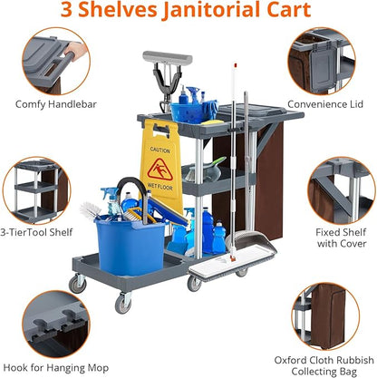 Commercial Janitorial Cart with Wheels, 3-Shelf Cleaning Trolley Cart with 16-Gallon Trash Bag, 220 Lbs Capacity Rolling Housekeeping Carts, Ideal for Hotel,School, Apartments