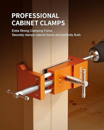 DAYDOOR Professional Cabinet Clamps 4 Pack, Heavy-Duty Cast Steel, Integrated Drill Guide & EVA Protection, Face Frame Alignment Tool for Cabinet Installation & Woodworking, Orange