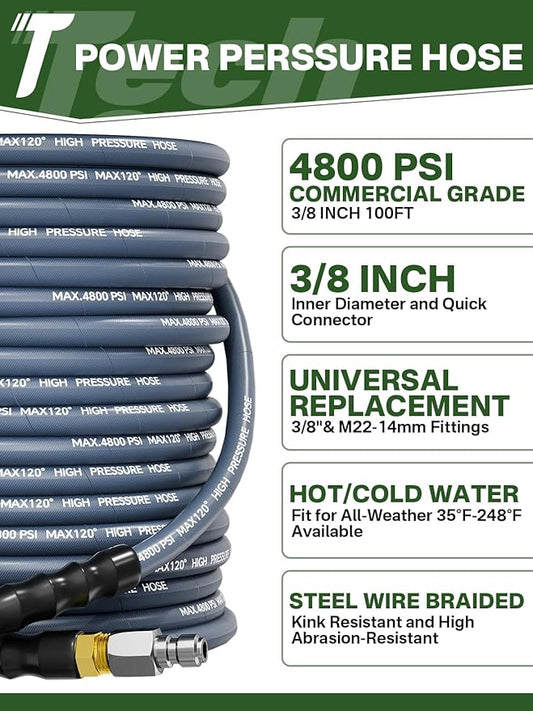 3/8" 4800PSI Pressure Washer Hose 100FT with Swivel Quick Connect for Cold/Hot Water Max 248°F, Kink Resistant Steel Wire Braided, Wear Resistant Power Washer Hose with M22 14mm Adapter