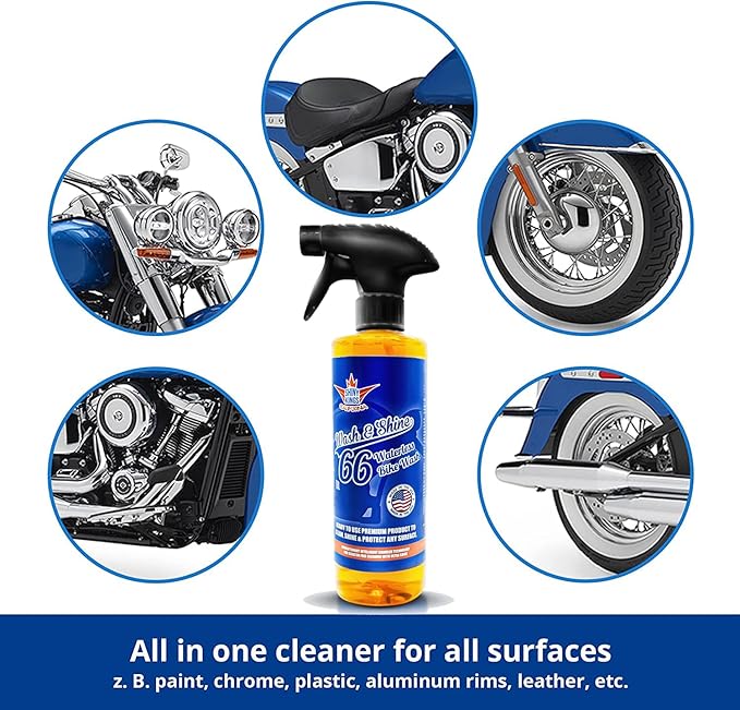Shinykings California Wash&Shine 66 | WATERLESS Motorcycle Cleaner | Motorcycle and Car Wash&Wax | All Surfaces | Bike Polish | Chrome Cleaner | Multipurpose Detail Spray (16 fl.oz Orange)
