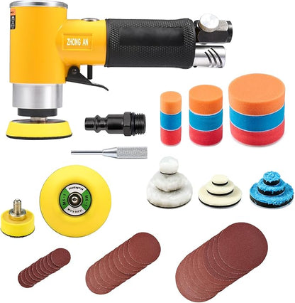 ZHONG AN 1/2/3 in Mini Orbital Sander Pneumatic da sander Polisher Smooth and Swirl Freely for Auto Body Work Wood working with 18Pcs 1/2/3in Polishing Sponge & Wool Pads, 30Pcs Sandpapers(Yellow)