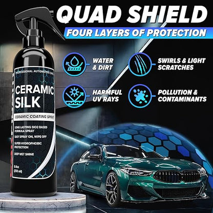 Carfidant Ceramic Silk - Ceramic Coating Spray - High Gloss, Hydrophobic Protection & Chemical Resistance for Cars, RVs & Boats - Long-Lasting Shine & Durability for Exterior Detailing - 16.9 fl. Oz.