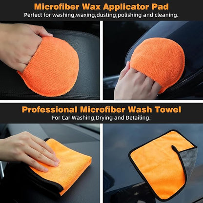 9PCS Car Detailing Brush Set, Bristle Horse Hair Boars Hair Brush with Elbow Adapter, Microfiber Wax Applicator Pads, Drying Towel and Cleaning Gel, Cleaning Kit for Car Interior and Exterior