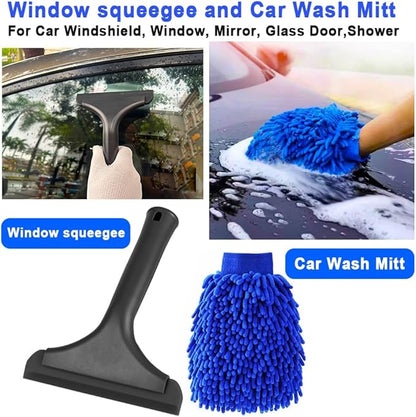 Window Tint Tool Small 6" Silicone Handy Cleaning Squeegee and Car Wash Mitt Chenille Microfiber Super Absorbent for Car Windshield, Window, Mirror, Glass Door,Shower(Black and Blue)