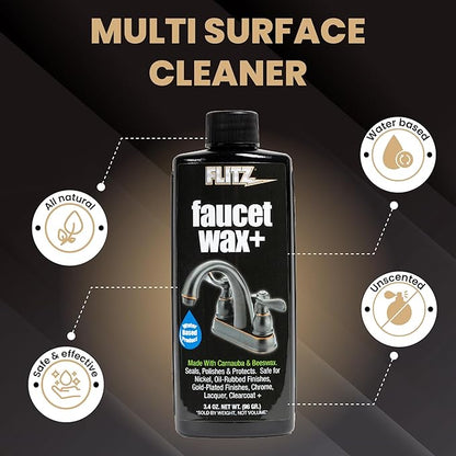 Flitz Faucet Wax Plus - 3.4oz Bottle of USA-Made, Water-Based Faucet Cleaner & Polisher for Water Stains, Fingerprints, & More - Metal Wax for Bronze, Nickel, Chrome, Brass - Granite Polish (1 Pack)