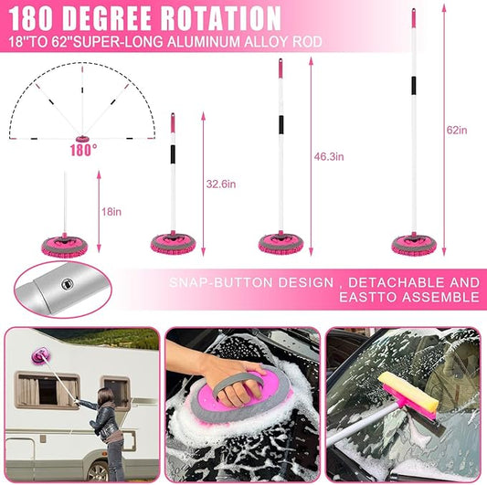 Pink 62" Car Wash Brush with Long Handle,Chenille Microfiber Car Wash Mop Sponge Mitt ,Windshield Window Squeegee,Wheel Brush,Car Detailing Brushes,Car Duster,Towel,Car Cleaning Kit for Cars RV Truck
