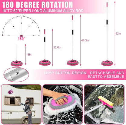 21Pcs Car Wash Kit,62" Car Wash Brush Mop with Long Handle,Car Cleaning Kit,Car Detailing Brush Set,Car Wash Bucket with Filter,Windshield Window Squeegee for Cars RV Truck Boat (Pink)