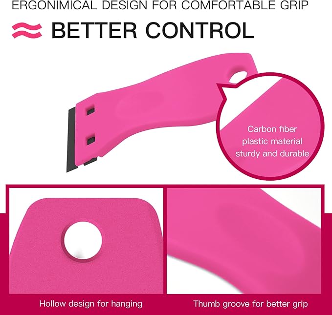DEKEones Plastic Razor Blade Scraper, 2 Pack Razor Scraper with 100 Pcs Razor Blades for Removing Glue, Sticker, Decals, Tint from Car Window and Glass(Pink)