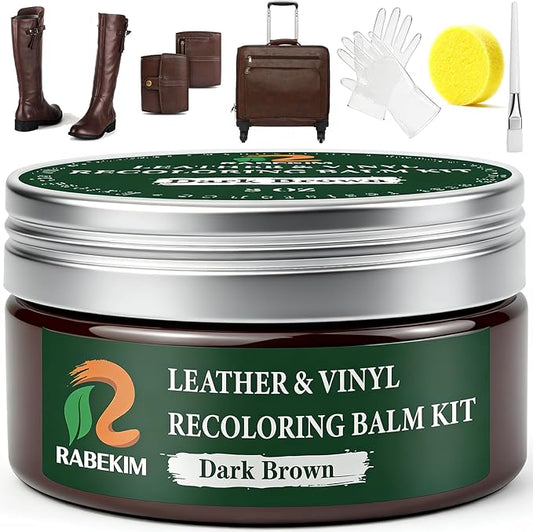 RABEKIM Dark Brown Leather Repair Kit, Leather Recoloring Balm – Restore & Repair Faded Leather on Couches, Car Seats, Shoes & Furniture | Leather Color Restorer & Conditioner | Easy DIY Application