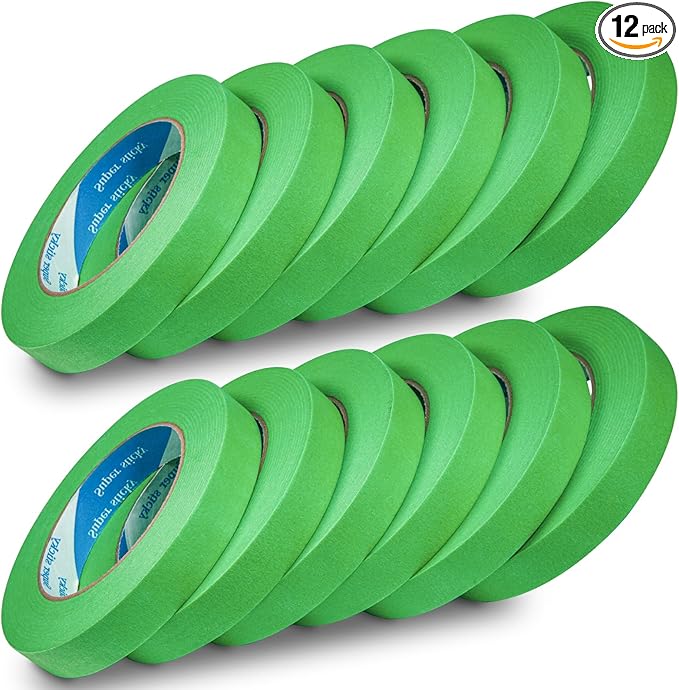 12 Rolls Automatic Refinish Masking Tape,0.7 Inch x 60 Yds Green Cars Vehicles Auto Body Paint Tape No Residue,Heat Resistant Removable Automotive Painting Tape Bulk for Paint Booth,Totally 720 Yards