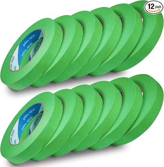 12 Rolls Automatic Refinish Masking Tape,0.7 Inch x 60 Yds Green Cars Vehicles Auto Body Paint Tape No Residue,Heat Resistant Removable Automotive Painting Tape Bulk for Paint Booth,Totally 720 Yards