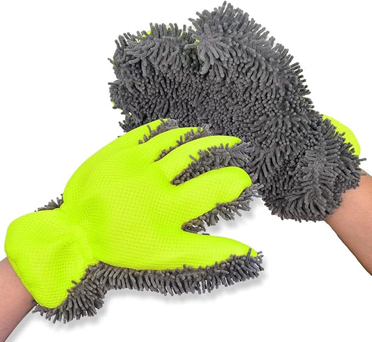 QMX Car Wash Mitt Microfiber Scratch Free,Premium Chenille Ultra-Soft Car Wash Gloves,Thickened Inside Coated Swirl-Free Finish 5-Finger Design Detailing for Cleaning Car Wash Brush,2-Pack Green