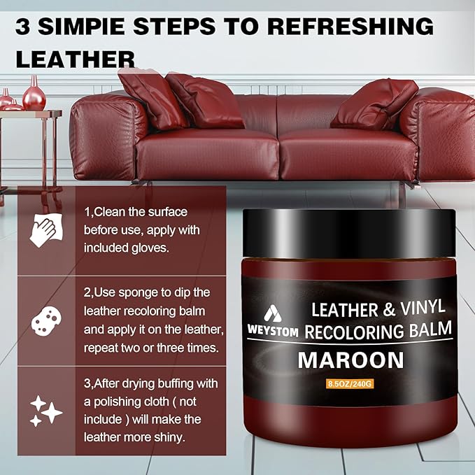 WEYSTOM Leather Recoloring Balm - Maroon Leather Repair Kit for Furniture, Dye, Recolor, Renew, Repair & Restore Aged, Faded, Cracked, Peeling and Scuffed, Car Care
