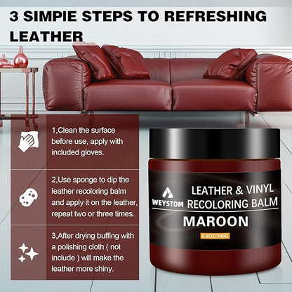 WEYSTOM Leather Recoloring Balm - Maroon Leather Repair Kit for Furniture, Dye, Recolor, Renew, Repair & Restore Aged, Faded, Cracked, Peeling and Scuffed, Car Care