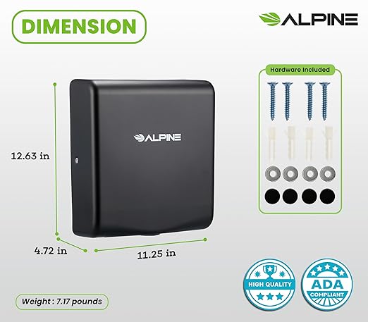Alpine Hand Dryers for Bathrooms Commercial Extreme Speed Automatic Electric Hand Dryer for Home Bathroom/Restaurant with HEPA Filter, Heat & Speed Control - ADA Compliant (120v Matt Black)