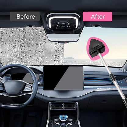 Qydipclin 10pcs Windshield Cleaning Tool Inside Car Window Cleaner Wash Kit with 4 Reusable Microfiber Pads 1 Spray Bottle and Extendable Handle Interior Auto Glass Wiper Kit, Pink