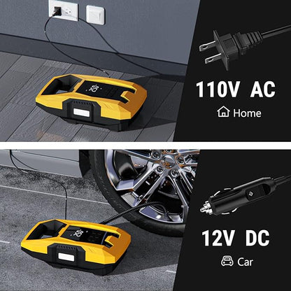 CARSUN AC/DC Tire Inflator Portable Air Compressor, Dual Power for Home 110V AC and Car 12V DC Air Pump with Pressure Gauge, Auto Shutoff, Tire Pump for Car Motorcycle Bicycle and Other Inflatables