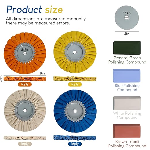 Ketofa 8'' Airway Buffing Wheel Kit, 9 Pcs Aluminum Wheel Polishing Kit in Diameter 5/8 inch Arbor Hole, Polishing Compound, Safety Flange, Metal Polishing Wheel for Angle Grinder Mirror Finish