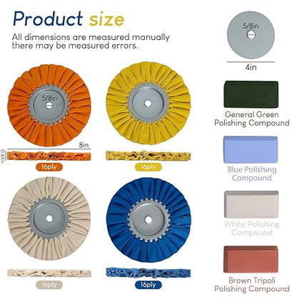 Ketofa 8'' Airway Buffing Wheel Kit, 9 Pcs Aluminum Wheel Polishing Kit in Diameter 5/8 inch Arbor Hole, Polishing Compound, Safety Flange, Metal Polishing Wheel for Angle Grinder Mirror Finish