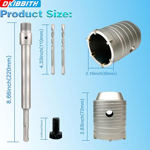 2-1/8" Concrete Hole Saw, 55mm Tungsten Steel Core Bit for Cinder Block, Brick, Rock, Plank Walls for Pipes or mini Split Lines, with SDS Plus Shank and 2 Center Positioning Drill Bits.
