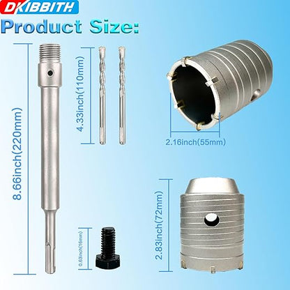 2-1/8" Concrete Hole Saw, 55mm Tungsten Steel Core Bit for Cinder Block, Brick, Rock, Plank Walls for Pipes or mini Split Lines, with SDS Plus Shank and 2 Center Positioning Drill Bits.