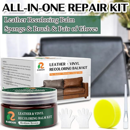RABEKIM Medium Brown Leather Repair Kit, Leather Recoloring Balm – Restore & Repair Faded Leather on Couches, Car Seats, Shoes & Furniture | Leather Color Restorer & Conditioner | Easy DIY Application