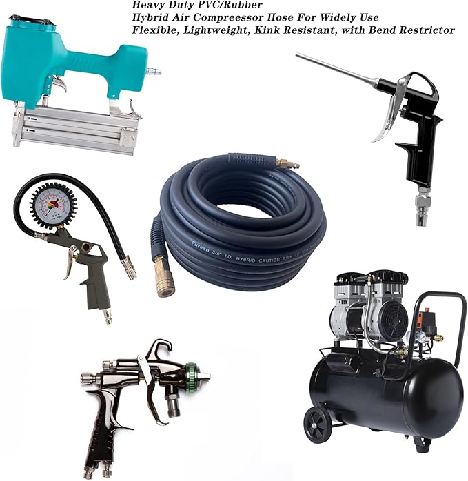 Air Hose 3/8 in x 25 ft, Heavy Duty, Lightweight, Kink Resistant, Hybrid Air Compressor Hose with 1/4 in Solid Brass Male Fittings, Bend Restrictors, 300 PSI (25FT, Black)