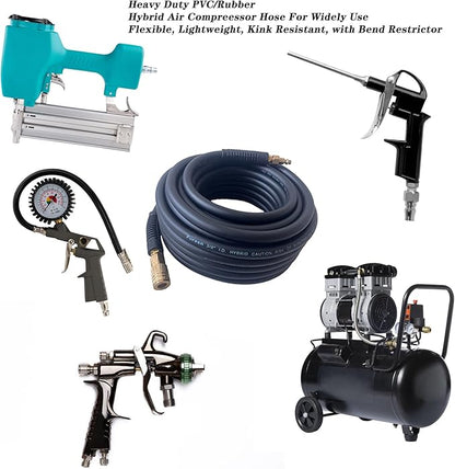 Air Hose 3/8 in x 25 ft, Heavy Duty, Lightweight, Kink Resistant, Hybrid Air Compressor Hose with 1/4 in Solid Brass Male Fittings, Bend Restrictors, 300 PSI (25FT, Black)