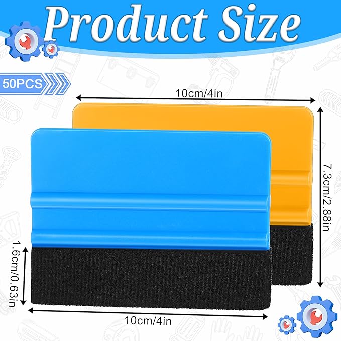 50 Pack Plastic Vinyl Squeegee, 4 Inch Felt Edge Squeegee for Tint Film Decal, Vinyl Wrap Installation Wallpaper Smooth Tool, Vinyls Scraper Decal Applicator Tool, Blue & Yellow