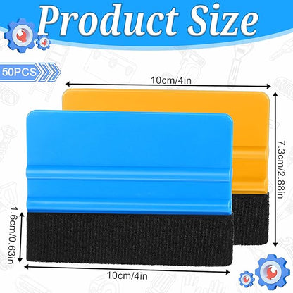 50 Pack Plastic Vinyl Squeegee, 4 Inch Felt Edge Squeegee for Tint Film Decal, Vinyl Wrap Installation Wallpaper Smooth Tool, Vinyls Scraper Decal Applicator Tool, Blue & Yellow