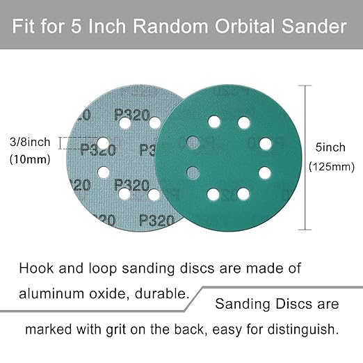5 Inch 8 Hole Sanding Discs, 50 Pcs Wer Dry Sandpaper 320 Grit Hook and Loop Green Polyester Film Backed Sanding Disc for Random Orbital Sander Wood Car Metal Plastic (320 Grit, 50 Pack)