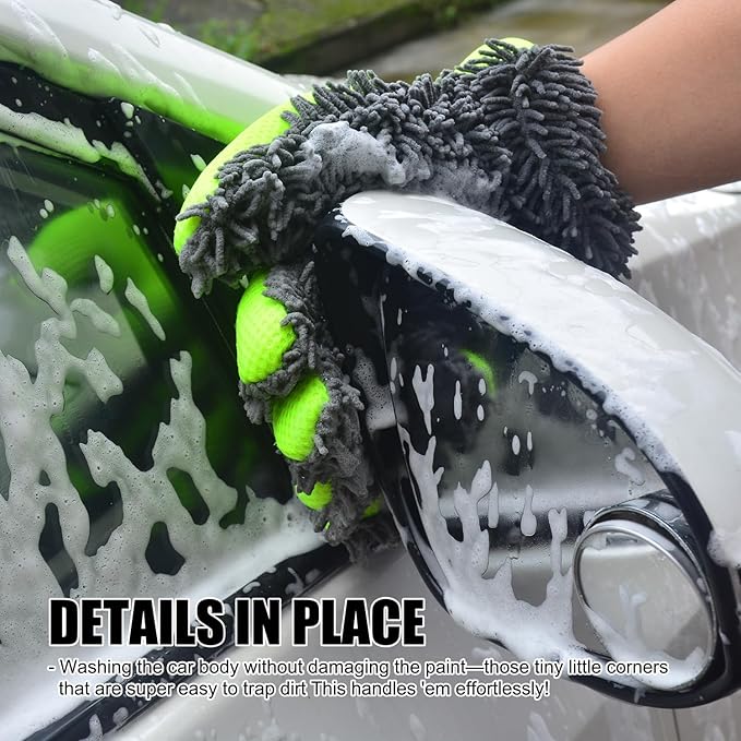 QMX Car Wash Mitt Microfiber Scratch Free,Premium Chenille Ultra-Soft Car Wash Gloves,Thickened Inside Coated Swirl-Free Finish 5-Finger Design Detailing for Cleaning Car Wash Brush,2-Pack Green