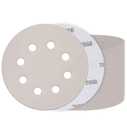 50PCS 5 Inch Hook and Loop Sanding Discs 7000 Grit, 8 Hole Wet Dry Orbital Sander Sand Paper, Silicon Carbide Sandpaper for Automotive Wood Metal Glass