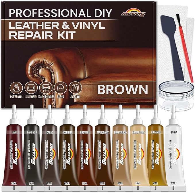 Brown Leather & Vinyl Repair Kit, Leather Repair Kit for Sofa, Jacket, Car Seats, Purse, Easily Restores Cat Scratch, Rips, Tears, Cracks, Holes on Faux, Artificial, Genuine Pleather & Any Material