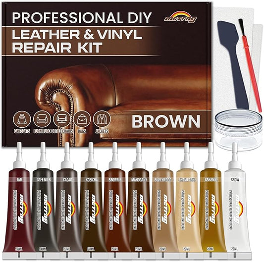 Brown Leather & Vinyl Repair Kit, Leather Repair Kit for Sofa, Jacket, Car Seats, Purse, Easily Restores Cat Scratch, Rips, Tears, Cracks, Holes on Faux, Artificial, Genuine Pleather & Any Material