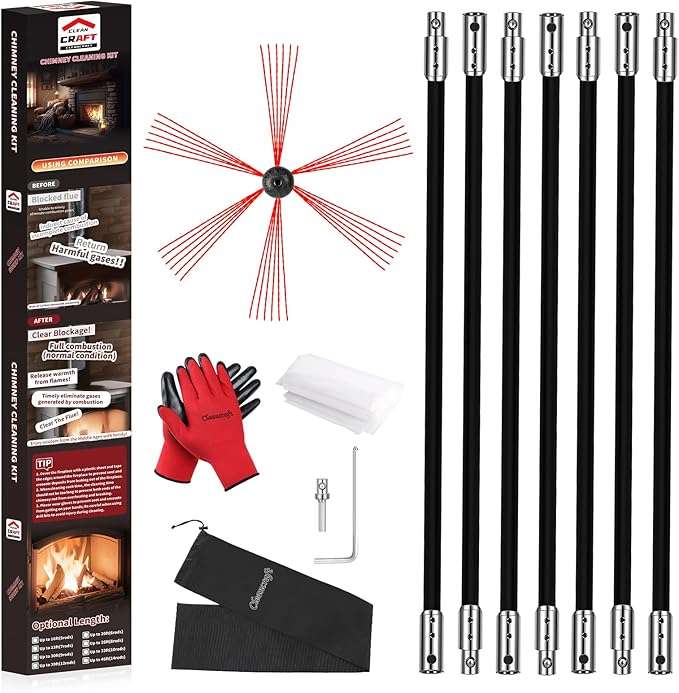 Cleancraft 23 Feet Chimney Sweep Kit, Chimney Cleaning Kit with 7 Flexible Black Chimney Rods, Rotary Chimney Cleaning System Driven by Drill for Sweeping Fireplace, Chimney Cleaners with Strong Brush